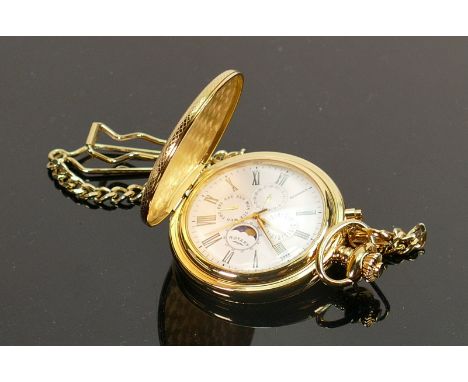 Rotary Chronograph moon phase hunter pocket watch: &amp; chain, gold plated, boxed with paperwork. 