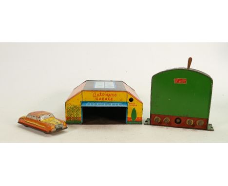 Glamorgan Toy Company tin plate model of an automatic garage: With Taxi car &amp; Bassett Lowke model train controller. 