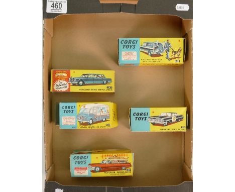 Five Corgi boxed vehicles: Police van no. 448 very near mint - box similar - has policeman but missing dog, Mercedes 600 Pull