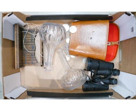 A mixed collection of items to include: Glass Decanters, Oak Pipe Rack, Commemorative Coins, King Branded Binoculars etc 
