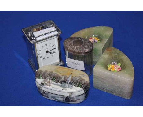 RUSSIAN TRINKET BOX and a carriage clock in a plated case, pair of onyx bookends, a glass jar with silver top (4)