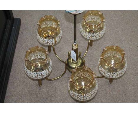 FIVE BRANCH BRASS LIGHT FITTING
with glass shades