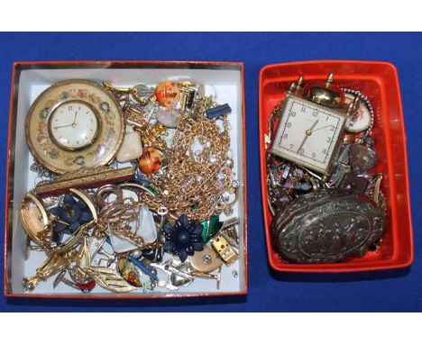 SELECTION OF COSTUME JEWELLERY AND AN ALARM CLOCK
including chains, bow brooches, a silver plated trinket box, a brass alarm 