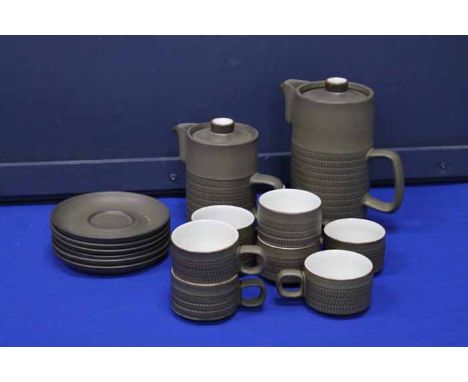 DENBY STONEWARE SIX PIECE COFFEE SET
in green with white interior, comprising of six cups, six saucers, coffee pot, milk and 