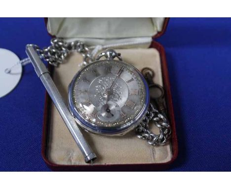 VICTORIAN STERLING SILVER OPEN FACE POCKET WATCH AND ALBERT CHAIN
1880, signed key wind movement, the sterling silver and gol
