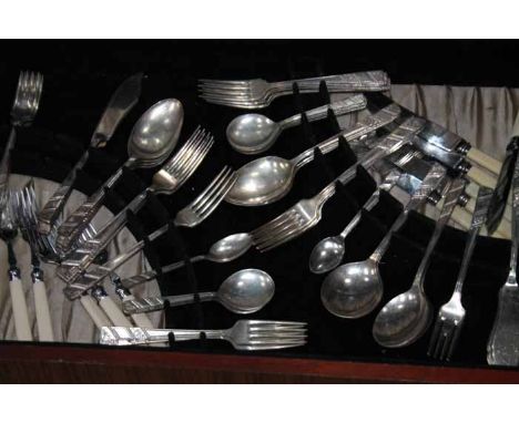 PART CANTEEN OF PLATED CUTLERY. A GLASS DECANTER AND A CERAMIC BISCUIT BARREL