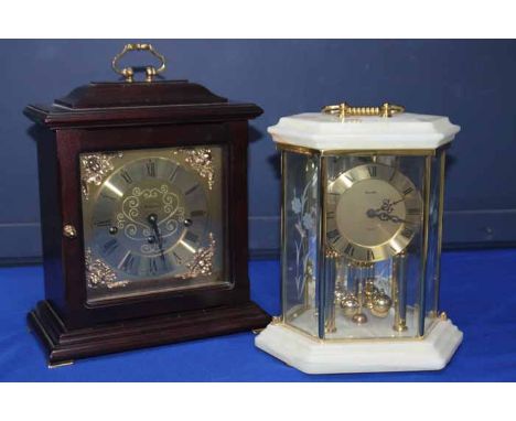 THREE VINTAGE CLOCKS
including a mid-20th century style wall clock, a George III style modern bracket clock and a alabaster a