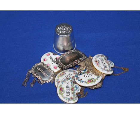 SET OF FIVE ROYAL CROWN STAFFORD DECANTER LABELS
together with three pressed silver plated labels and a Pimms No.1 cup measur
