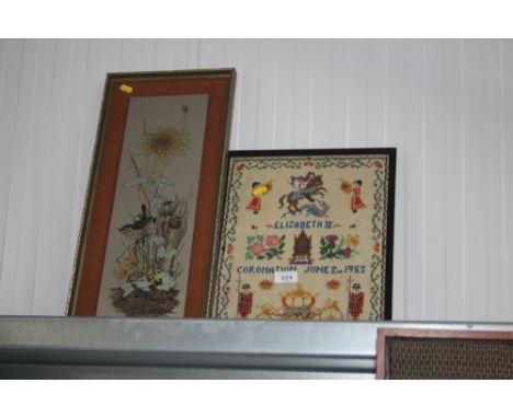 A Coronation sampler 1953 together with an engraving on metal panel