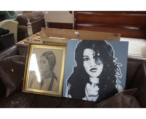 A quantity of picture frames; a pastel study of a lady; and a print on canvas of Amy Winehouse 