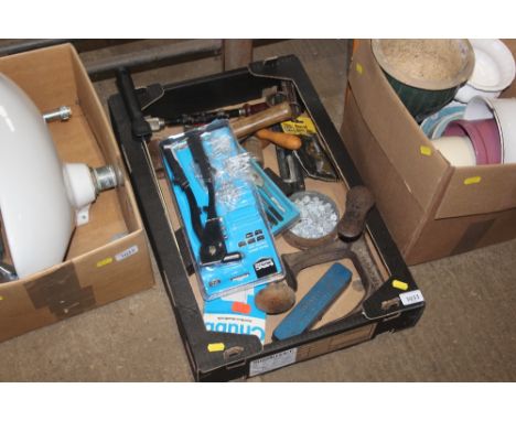 A box containing various hand tools; shoe last etc.