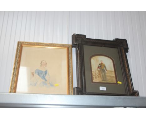 An oak framed over painted print of a soldier; together with a watercolour portrait
