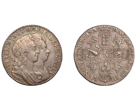 William and Mary (1688-1694), Shilling, 1692, at over ti in gratia, stop after gratia, no stop after br, harp with 7 strings 