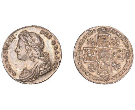 George II (1727-1760), Shilling, 1728, roses and plumes, e struck over r in georgivs (ESC 1697; S 3698). Grey tone with a sma