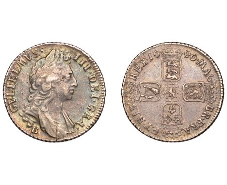 William III (1694-1702), Shilling, 1696b, first bust, small x in rex, harp with 5 strings (ESC 1159; S 3498). Small mark by K