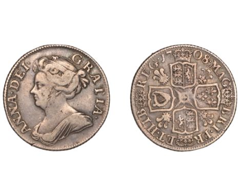 Anne (1702-1714), Shilling, 1708, third bust, plumes (ESC 1400; S 3611). Toned, flan flaw across portrait, otherwise fine £70
