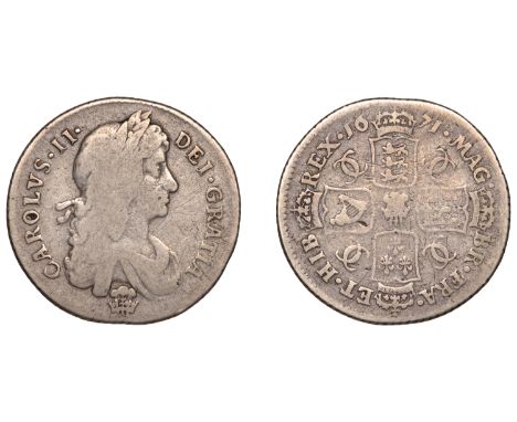 Charles II (1660-1685), Shilling, 1671, second bust, plume below, no stop before dei or after hib, harp with 5 strings (ESC 5