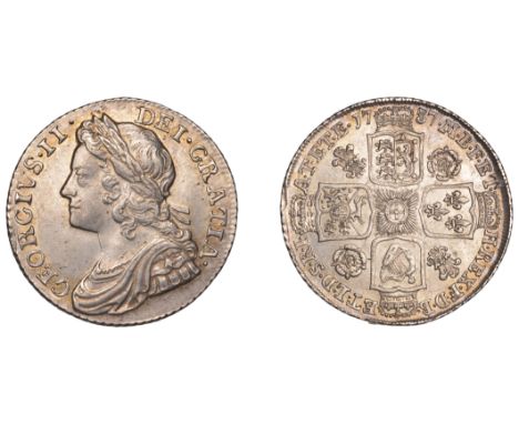 George II (1727-1760), Shilling, 1737, 3 struck over 5 in date, roses and plumes (ESC –; S 3698). Light cabinet tone with res