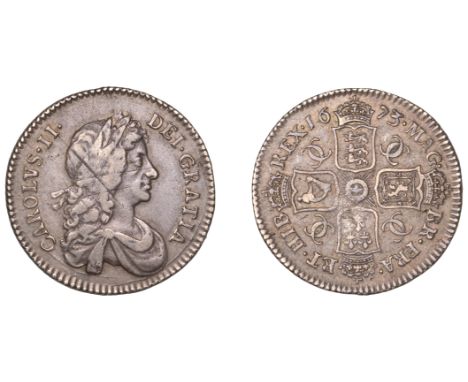 Charles II (1660-1685), Shilling, 1673, e over r in et second bust (ESC 522; S 3375). Some adjustment marks on obverse, other
