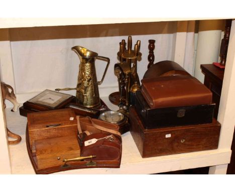 Oak mantel clock, oak barometer, pair of oak twist candlesticks, wooden boxes and tray, binoculars, companion set, etc