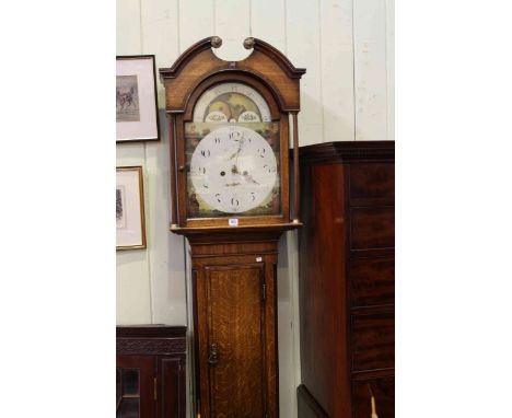 Antique oak eight day longcase clock having painted moon phase arched dial