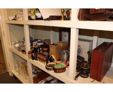 Ringtons and other blue and white, Stoneware, jars and bottles, Guinness memorabilia, scales and weights, clock, etc