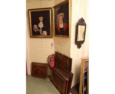 Collection of portrait oils, hunting pictures and fretwork mirror