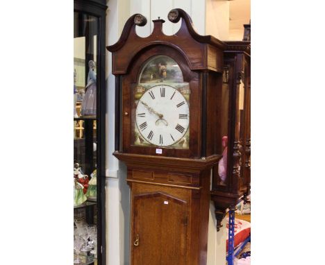 Antique oak and mahogany 30 hour longcase clock having arched dial painted with buildings and figures