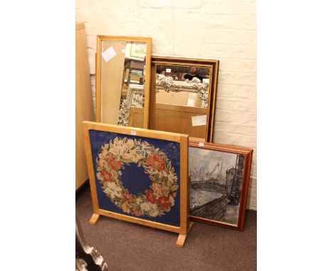 LIght oak convertible table/screen with needlework panel, light oak occasional table, walnut sewing bow, North Shields ferry 