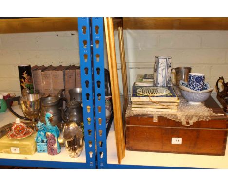 Pewter and silver plated ware, Winston Churchill 'The Second World War' six volumes, glass bottles, tiles, mirror, Oriental a
