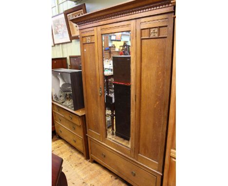 Early 20th Century oak mirror door wardrobe and dressing chest