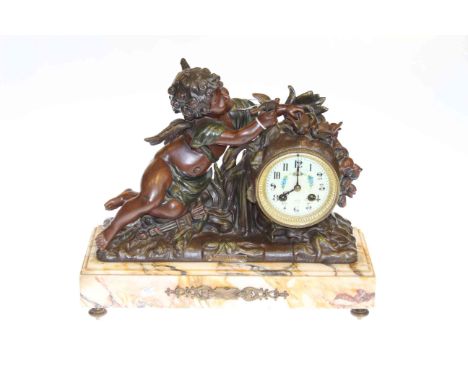 Victorian coloured spelter and marble cherub mantel clock