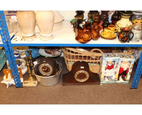 Large wicker basket, barometer, two mantel clocks, Avery scales, jam pan, pair of brass candlesticks, various china, etc