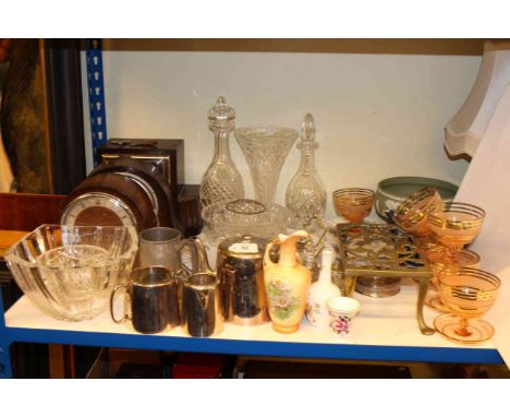 Three mantel clocks, two glass decanters, vase, bowls, brass trivet, metalware and china