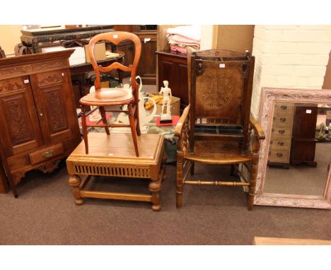 Late 19th Century carved walnut corner wall cupboard, two chairs, low table, stick stand and mirror (6)