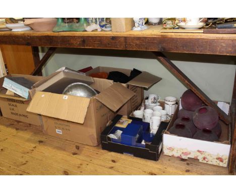 Ruby glass shades, commemorative china, vintage Christmas decorations, glassware, metalware, binoculars, etc