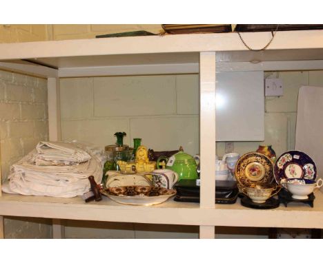 Cabinet cups and saucers, linen, car and Humpty Dumpty teapots, binoculars, Worcester fruit dish by A. Shuck, etc