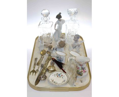 Two glass decanters, three Nao and Lladro figures, feather fan, cutlery and china