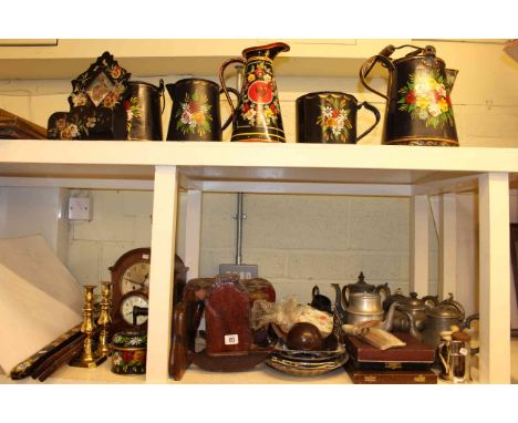 Collection of Barge Ware, oak mantel clock, pictures, pewter teapots, wooden dolls crib, brass candlesticks, mahogany mantel 