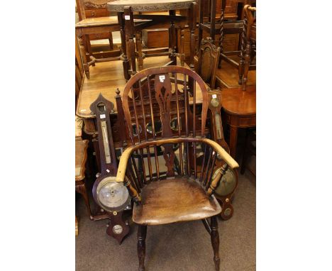 19th Century elm Windsor elbow chair, Victorian walnut overmantel mirror and two 19th Century banjo barometers (4)