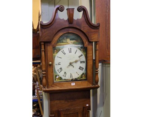 Antique oak and mahogany 30 hour longcase clock having arched dial painted with buildings