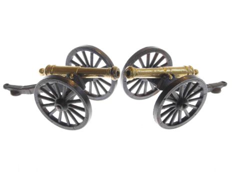 Pair of cast metal and brass model table canons