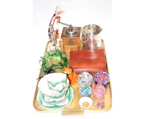 Continental group, glass paperweights and glassware, grinder, cabinet cups and saucers, etc