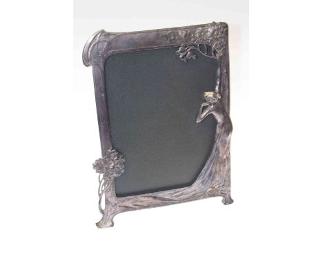 Art Nouveau easel photograph or mirror frame, of sturdy construction and modelled with maiden in flowing gown