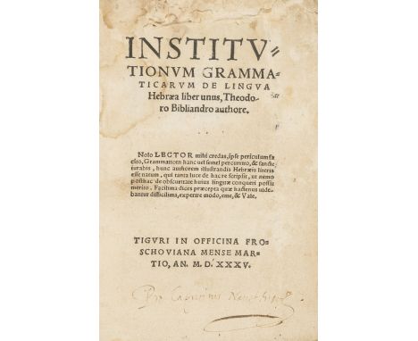 Hebraica.- Bibliander (Theodore) Institutionum grammaticarum de lingua Hebraea liber unus, first edition, lacking c8 but with