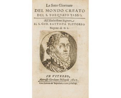 Tasso (Torquato) Le Sette Giornate del Mondo Creato, first complete edition, title with engraved portrait of the author, wood