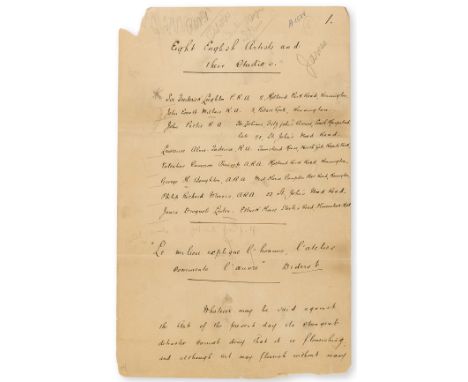 Monkhouse (Cosmo, poet and critic, 1840-1901) Eight English Artists and their Studios, autograph manuscript signed, 57pp., la