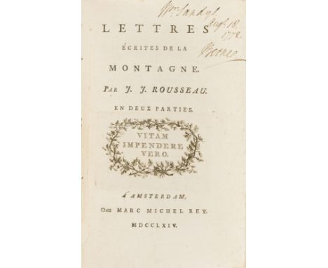 NO RESERVE Rousseau (Jean Jacques) Lettres Écrites de la Montagne, 2 vol. in 1, first edition, title with engraved vignette, 