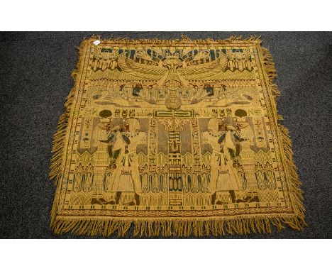 French Antique Art Deco Egyptian Revival Woven Silk Piano Shawl Fringed shawl in muted earth tones with umber, cerulean and g