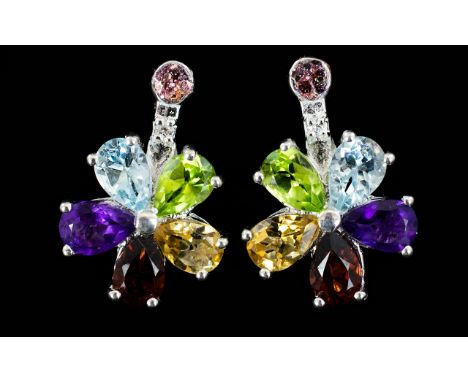 Multi Gemstone Floral Drop Earrings, each earring comprising five pear cut stones, one each of amethyst, peridot, sky blue to